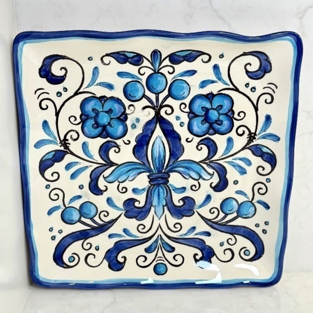 Maxcera "Blue Tonic" Handpainted Fleur de Lis Floral 11.5" Square Platter - Picture 2 of 4